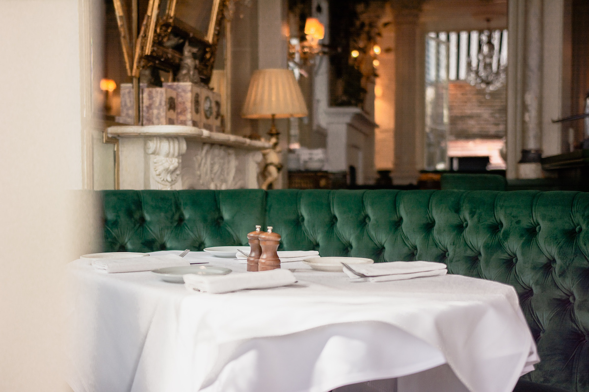 Restaurant dining room with freshly prepared tables